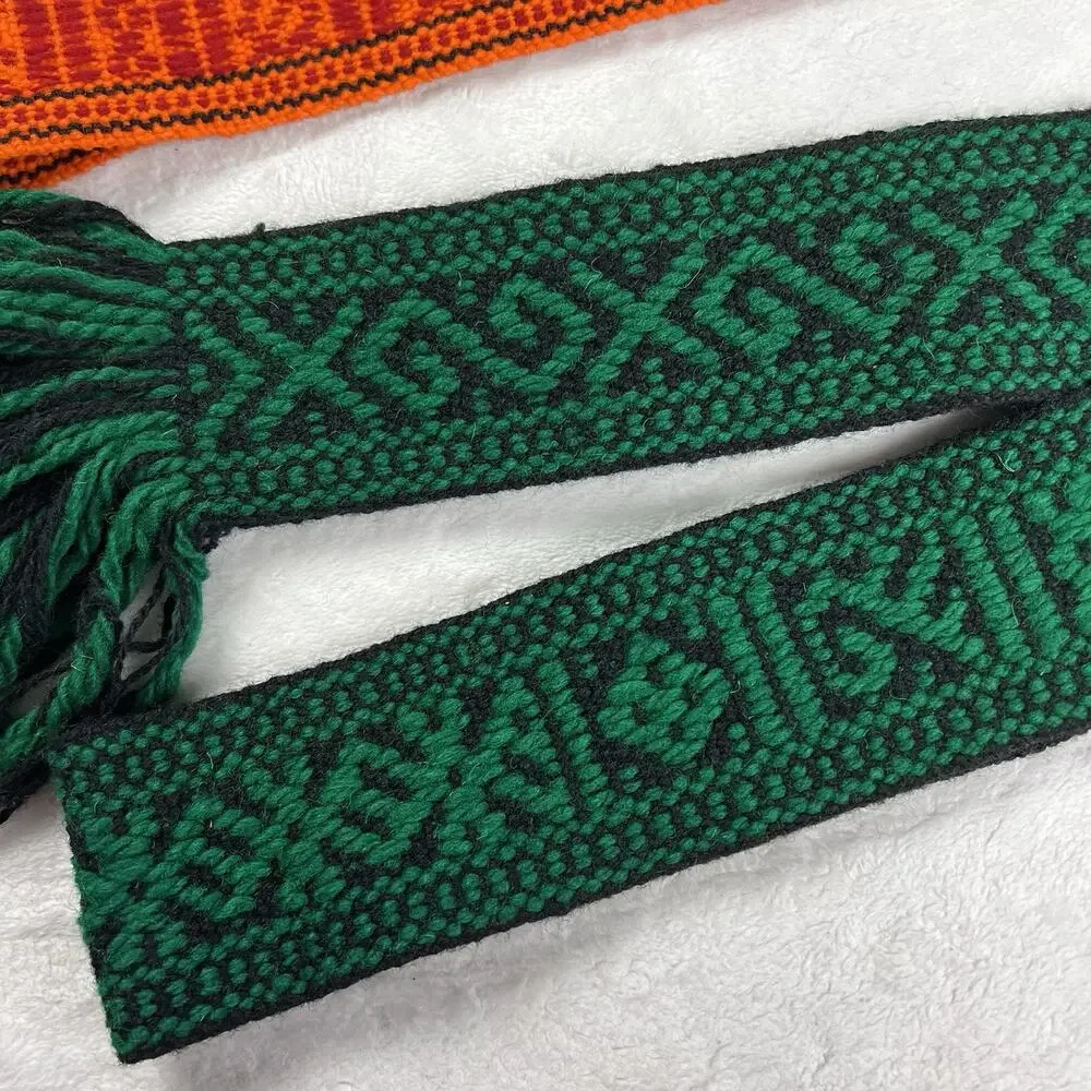 2 Vintage Guatemalan Handwoven Sash Belt Wool Colorful 1970s Green Black Orange
